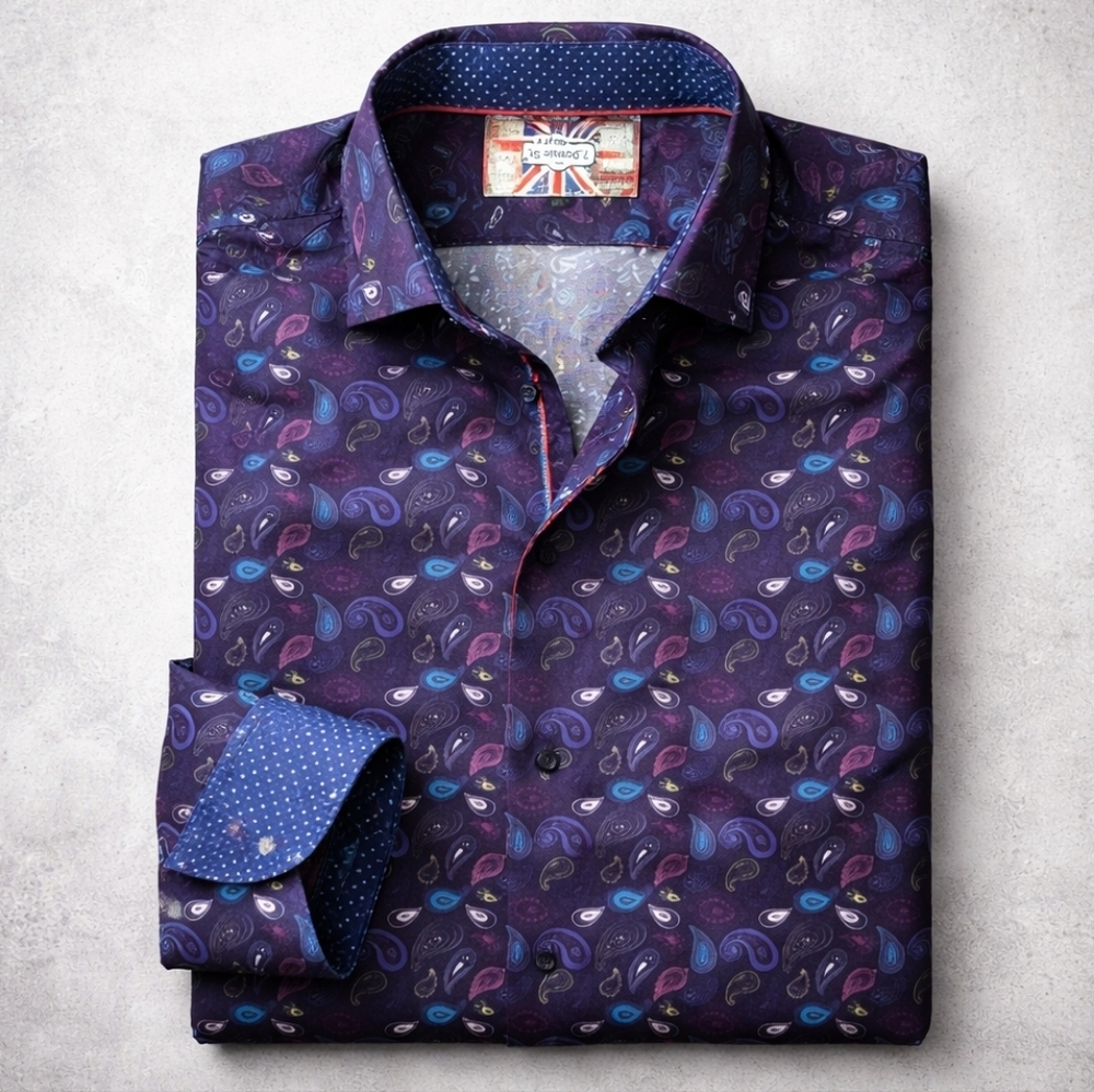7 Downie St Purple Paisley Shirt XLT 100% Cotton Flip Cuff XL tall